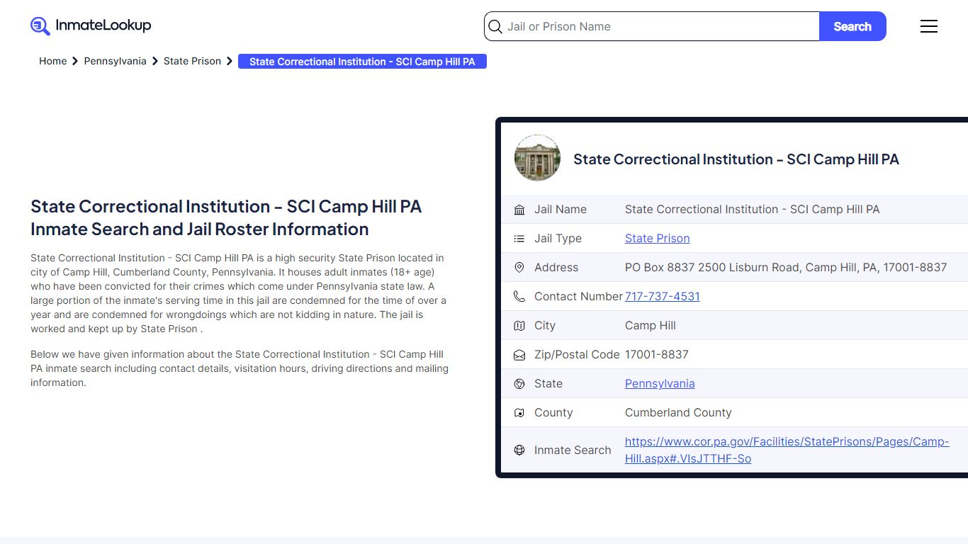 State Correctional Institution - SCI Camp Hill PA Inmate Search - Camp ...